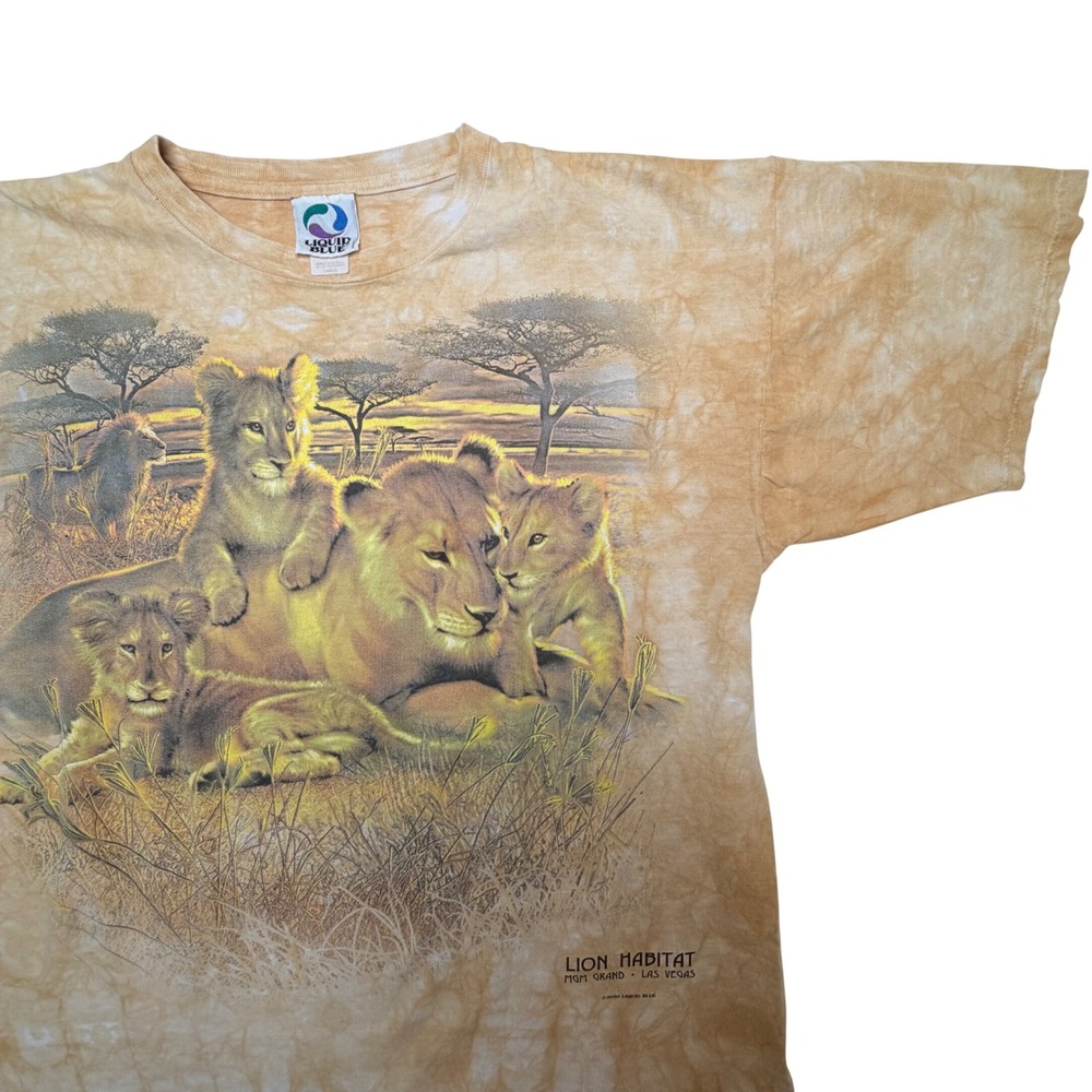 Vintage Y2K Liquid Blue Lion Tie Dye Large Shirt Yellow MGM Grand Vegas Cotton - Picture 4 of 9